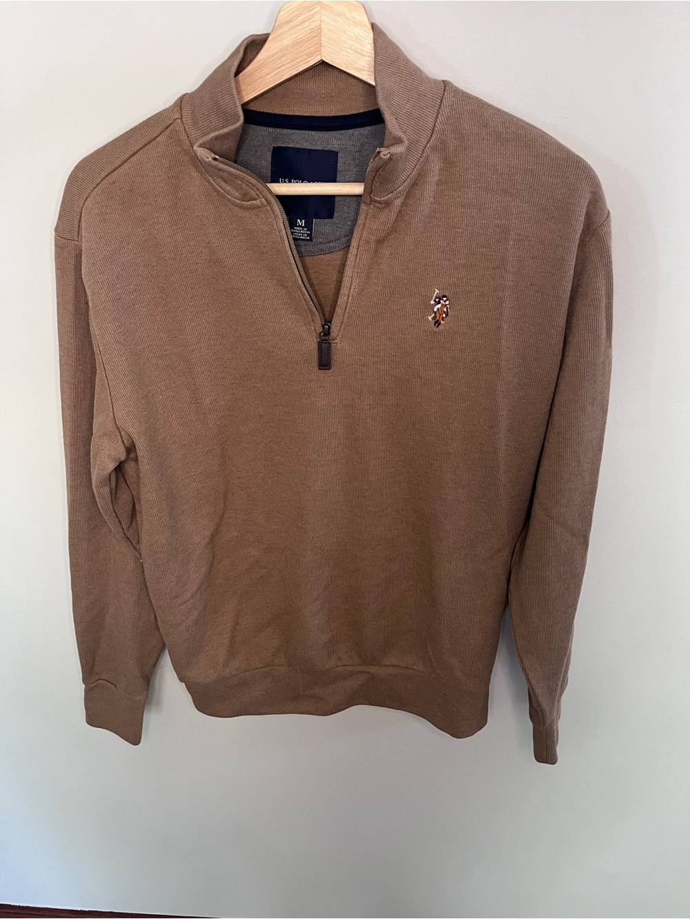 US Polo Assn Mens Quarter Zip Pullover Tan‎ Brown Ribbed Sweater M 11C847